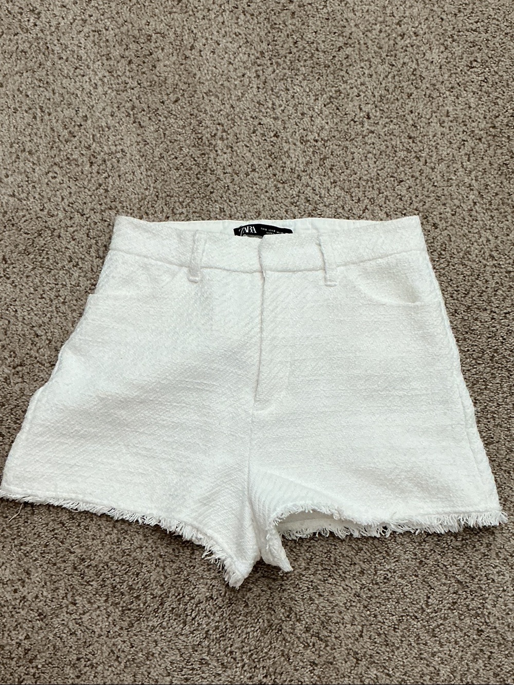 Zara Cream High-Waist Textured Frayed-Hem Shorts